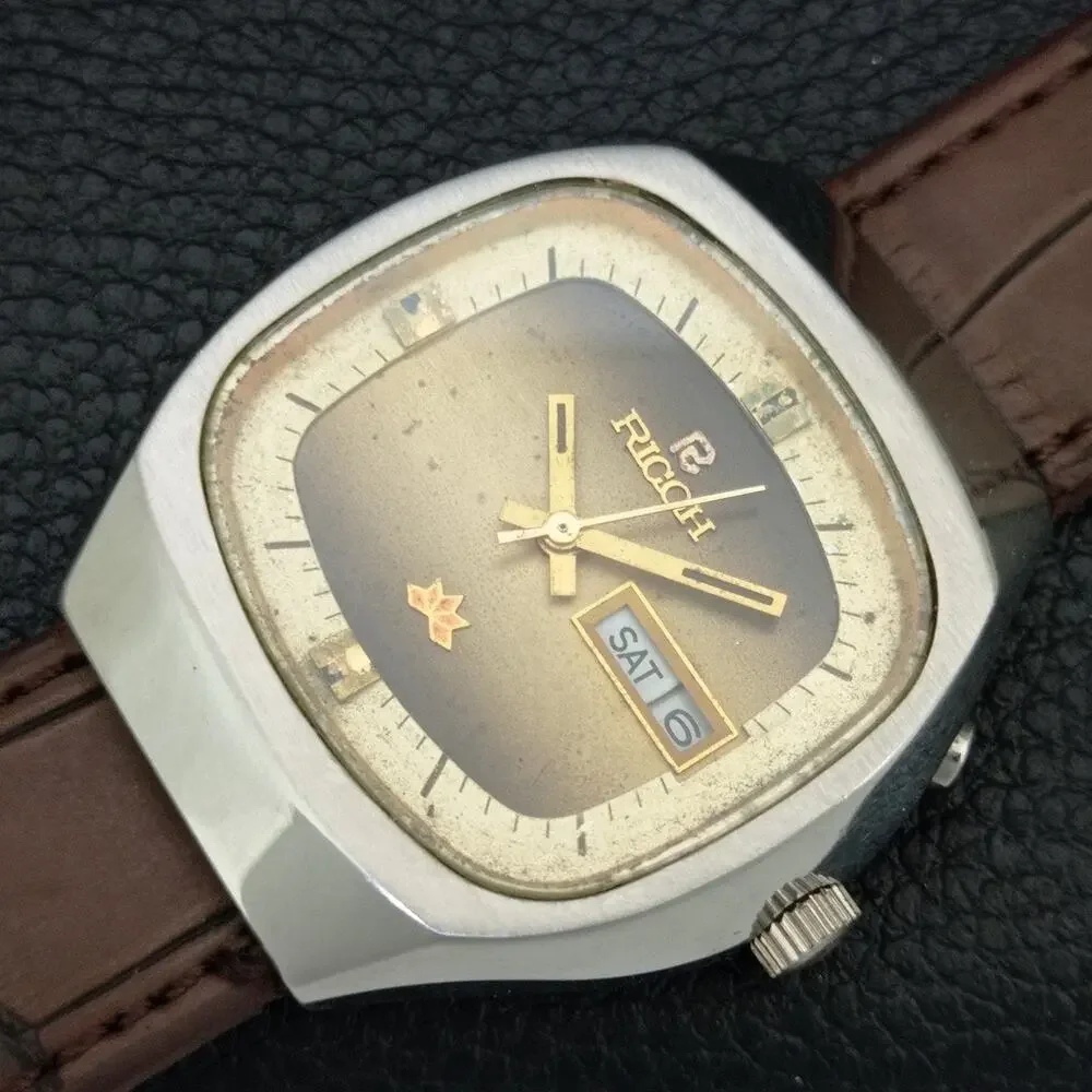 Vintage 1970 Ricoh Automatic Mens Silver Watch W/daydate & Gold accents